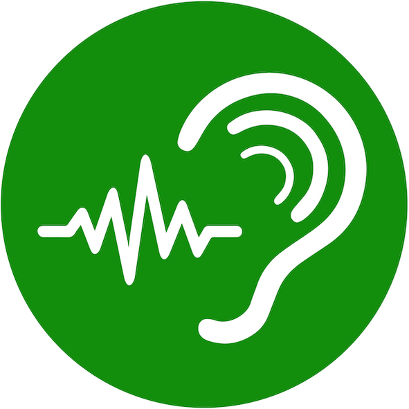 Grön rund symbol med ett öra och en ljudvåg